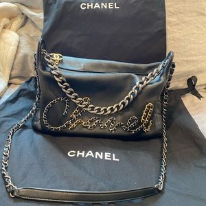 CHANEL calfskin chain 20s signature hobo black purse